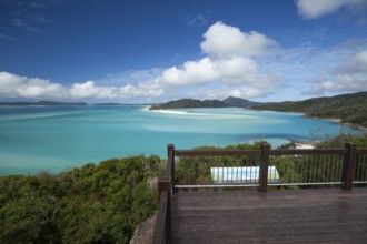 Sunny daytime view from Hill Inlet lookout over Whitehaven Beach, Whitsunday Island, Queensland,