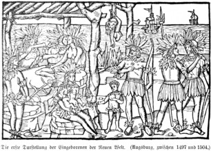 First depiction of the natives of the New World, sailors, ships, sea route to India, landing on