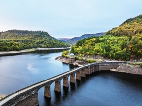 Autumn over Garreg Ddu Dam from a drone, Elan Valley, Caban-Coch Reservoir, Rhayader, Wales, UK