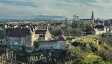 View of St Vincent's Abbey Church of Chantelle. Allier department. Auvergne Rhone Alpes. France