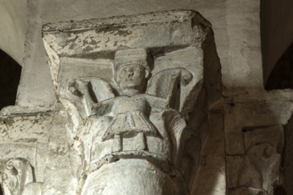 Capital of St Vincent's Abbey Church of Chantelle. Allier department. Auvergne Rhone Alpes. France