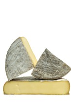 Three pieces of Saint-Nectaire cheese are stacked on top of each other. Puy de Dome. Auvergne.