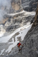 Mountaineer climbs a ladder in steep rocky terrain, Via Ferrata Oliva Detassis via ferrata, Brenta