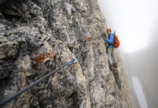 Mountaineers on a steep rock face on the Via Ferrata Oliva Detassis via ferrata in fog, steep