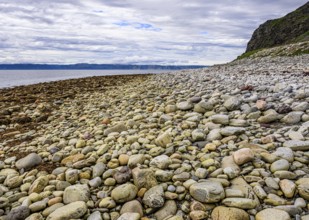 Beach with pebbles and rocks along the coast under slightly cloudy skyStore Molvik, Berlevåg,