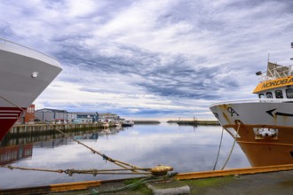 View of quiet harbor with various boats and buildings, two fishing trawler fishing vessels anchor