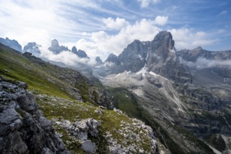 View of picturesque mountain landscape with rocky peaks, Cima Tosa peaks in the back, Via Ferrata