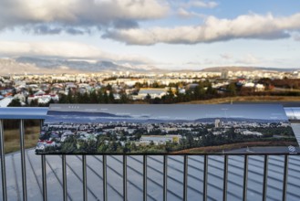 View from Perlan, museum, observation deck, landmark, panoramic view with information board,