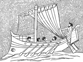 Ancient galley with sail, small crew, slaves rowing, man at the helm, shipping, set sail, wooden