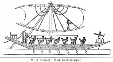 Old Nile boat, shipping, owing, man, slave rowing, man on oar blade, central sail, sailing ship,