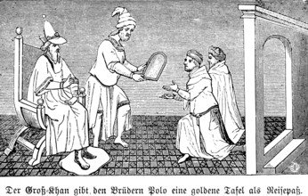 The big barge gives the brothers Niccolò and Maffeo Polo a golden tablet as a passport, 13th