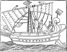 Sailing manoeuvres on an antique transport ship, central mast with wind vane, naked men setting