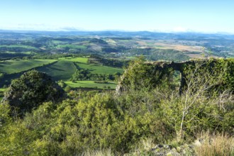 Ruins of medieval castle of Buron on Limagne plain. Puy de Dome. Auvergne Rhone Alpes. France