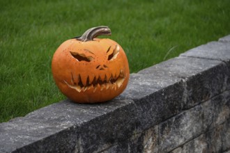 Carved pumpkin on a wall at Halloween, Franconia, Bavaria, Germany