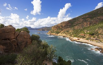 View of the Gulf of Porto and the bizarre rock erosions of the Calanche, Les Calanches de Piana,