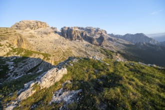 View of rocky mountain peaks of the Brenta Mountains in the evening light, mountain landscape on