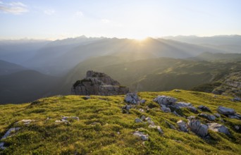 Sunset over the Adamello Group, mountain landscape on the Grosté Plateau, Brenta Mountains,