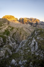 View of rocky mountain peaks of the Brenta Mountains at sunset, Alpenglühen, mountain landscape on
