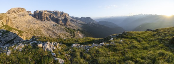 Panorama, view of rocky mountain peaks of the Brenta Mountains in the evening light, sunset over