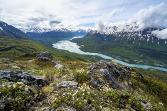 View of snowy mountains and turquoise lake Kenai Lake, Slaughter Ridge Trail, Cooper Landing, Kenai