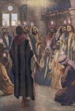 Scene from the biblical story, The Coming of the Holy Spirit, Arrival, authentic reproduction of a