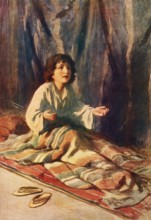 Scene from the biblical story, Samuel as a child, authentic reproduction of a school mural,