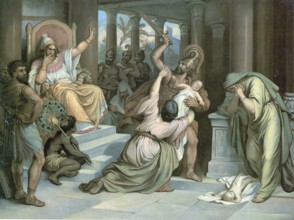Scene from the biblical story, Solomon's verdict, famous biblical story in 1 Kings 3, in which King