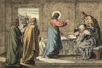 Scene from the biblical story, story of the raising of the daughter of Jairus, authentic