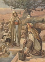 Scene from the biblical story, Rachel, at the well, a central figure in the Old Testament,