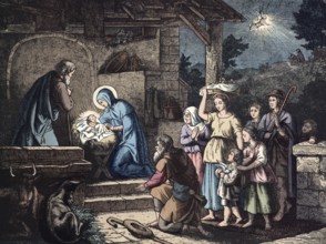 Scene from the biblical story, The Birth of Jesus, authentic reproduction of a school mural,