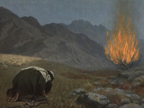 Scene from the biblical story, The Burning Bush, central event in the book of the Bible, in which