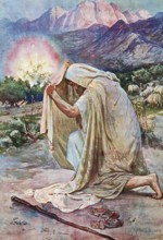 Scene from the biblical story, The Burning Bush, central event in the book of the Bible, in which