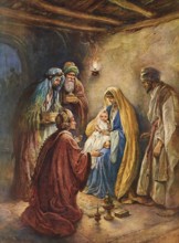 Scene from the biblical story, The Birth of Jesus, authentic reproduction of a school mural,