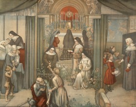 Scene from the biblical story, Christian monasticism, nuns, authentic reproduction of a school