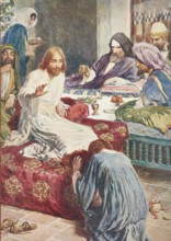 Scene from the biblical story, story of Mary and the alabaster bottle, where a woman anoints Jesus