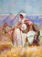 Scene from the biblical story, The Flight of Mary, Jesus and Joseph into Egypt, authentic