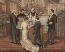 Symbolic photo for a church wedding, wedding by a priest, authentic reproduction of a school mural,