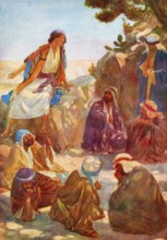 Scene from the biblical story, Joseph tells his brothers his dream, authentic reproduction of a