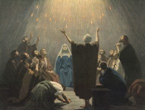 Scene from the biblical story, Peter's Pentecost sermon, is considered the founding event of the