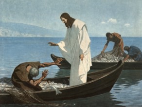 Scene from the biblical story, Peter catches many fish at the word of Jesus that the nets