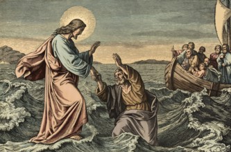 Scene from the biblical story, Bible story of Peter walking on water describes how Jesus crosses