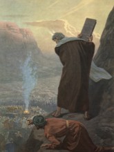 Scene from the biblical story, Moses at Mount Sinai with the law plates, authentic reproduction of