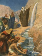 Scene from the biblical story, Moses knocks water out of the rock, a central miracle in the Old