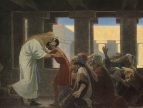 Scene from the biblical story, Joseph reveals himself to his brothers, authentic reproduction of a