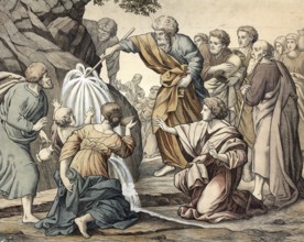 Scene from the biblical story, Moses knocks water out of the rock, a central miracle in the Old