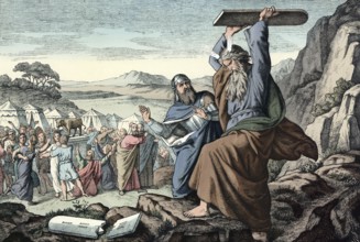Scene from the biblical story, Moses breaks the tablets of the law because he catches the people of