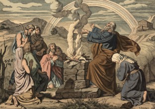 Scene from the biblical story, sacrifice of Noah, first action of Noah after he and his family had