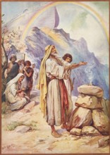 Scene from the biblical story, sacrifice of Noah, first action of Noah after he and his family had