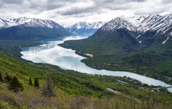 View of snowy mountains and turquoise lake Kenai Lake, Slaughter Ridge Trail, Cooper Landing, Kenai