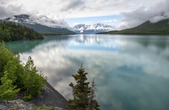 Snowy mountains in spring are reflected in turquoise blue Kenai Lake, Cooper Landing, Kenai